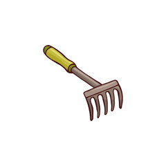 Doodle image of a garden rake. Garden element. Vector hand-drawn image for stickers, stickers, postcards, icons, web.