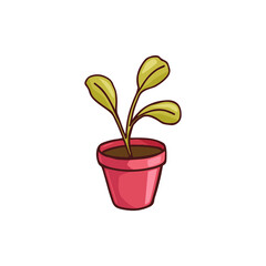 Doodle image of a pot with a flower, seedlings. Garden element. Vector hand-drawn image for stickers, postcards, icons, web.
