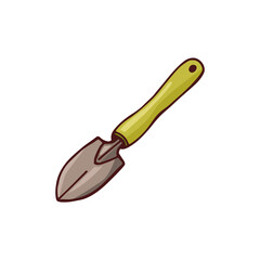 Obraz premium Doodle image of a shovel. Garden element. Vector hand-drawn image for stickers, postcards, icons, web.