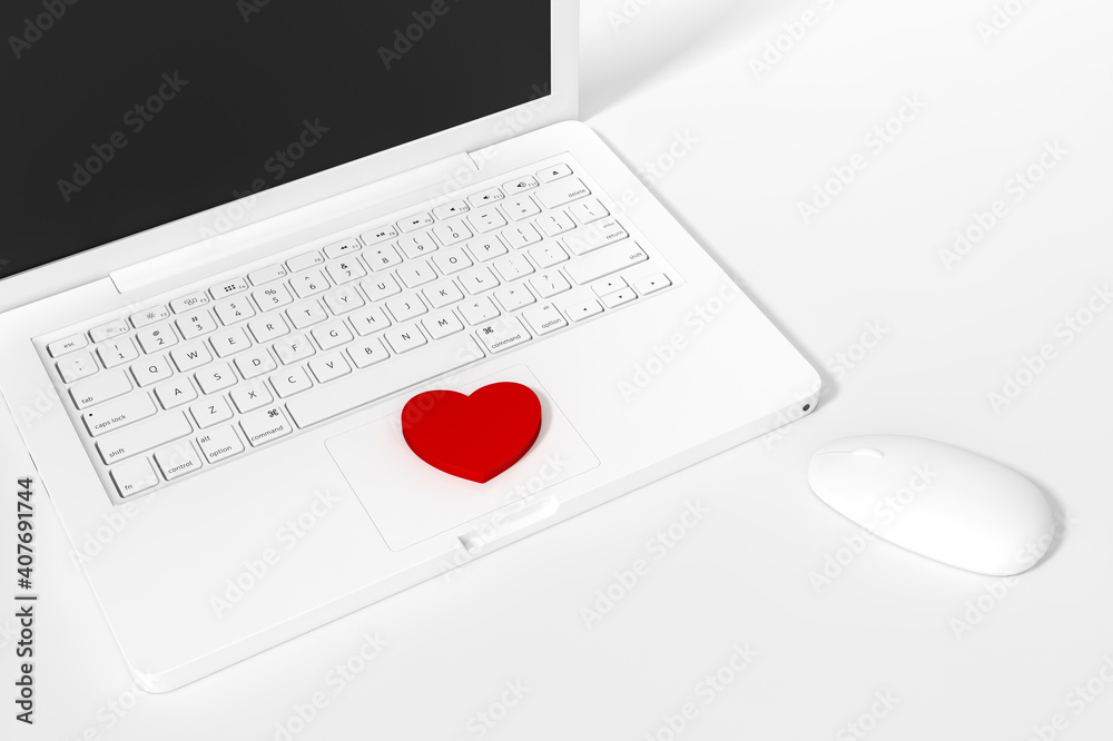 Wall mural white computer keyboard button of labtop with red heart sign symbol 3d rendering. 3d illustration in