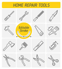 Fototapeta premium The Home Repair Tools outline vector icon set. The engineering and building outline icons. The engineering, building and construction tools. Thin linear vector symbols with editable strokes width.