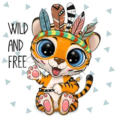 Meubelstickers Kinderkamer Cartoon tijger met veren op een witte achtergrond