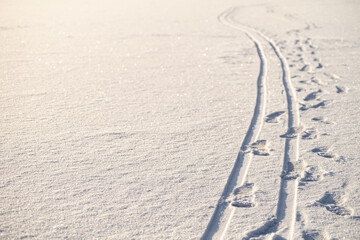 Footsteps and skiing tracks going forward on fresh, white snow. Focus on foreground.