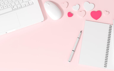 Wishes notebook, white keyboard, and mouse on pink background 3d rendering. 3d illustration Office flat lay of Love and Valentines Day greeting card template minimal concept.