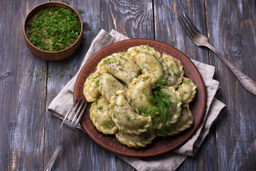 Homemade vegan dumplings, vareniki, pierogi, kreplach stuffed with vegan lentil 