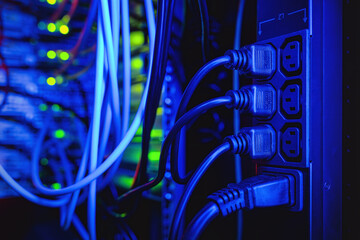 Plugged IEC 60320 C14 power cables to IEC 60320 C13 sockets in a server rack.