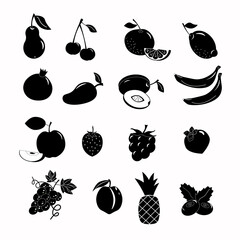 Set of icons with different fruits. Vector monochrome illustration. For logos, cafes, menus, restaurants and various designs.