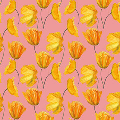 Hand-drawn gouache floral seamless pattern with the yellow poppy flowers on pink  background, Natural repeated print for textile, wallpaper.