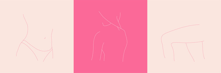 Set of abstract minimalist woman body parts. Line art of woman silhouette. Vector fashion illustration of the female body.