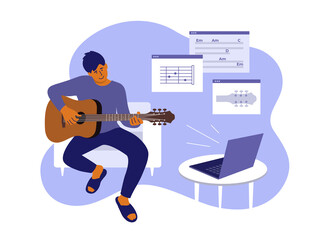 Young man sitting home, learning playing guitar. Online video course of play musical instrument. E-learning music by laptop. Virtual class of notes, chords lesson. Leisure, hobby vector illustration