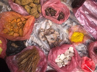 Top view on a large assortment of row loose vegetables and fruits for sale in a street. Short...