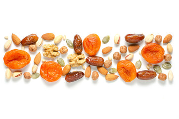 Nuts and dried fruits on a white background. Sources of antioxidants and vitamins. Healthy eating....