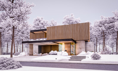 3d rendering of modern cozy house with parking and pool for sale or rent with wood plank facade and beautiful landscaping on background. Cool evening winter with cozy light from windows