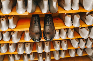 Blanks or pads for shoes are on the shelves in the cabinet in the shoe plant.