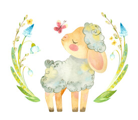 Cute lamb with pink butterfly and flower wreath. Easter or children's themed birthday card template with a sheep and spring flowers. Watercolor clipart for cards, posters, banners © Valin Malin