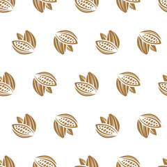 seamless pattern of cocoa beans and leaves on white background