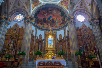 Iglesia de San Juan Bautista interior view in historic center of Coyoacan in Mexico City CDMX, Mexico.