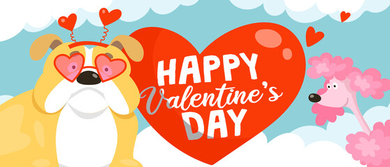 Cartoon valentine card with cute english bulldog wearing heart shaped sunglasses and funny pink poodle. Dogs on the background of a big red balloon happy valentine's day
