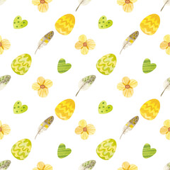 Easter seamless pattern. Template with Easter eggs, flowers and feathers. Watercolor clipart  in yellow-green palette on white background