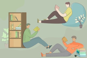 Set of Happy people enjoying reading favourite books vector illustration
