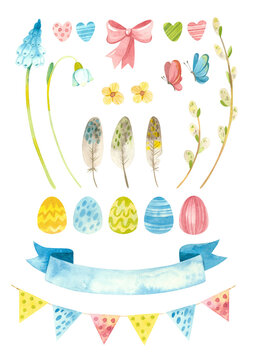 Easter clipart set. Baby spring party clipart with lamb, Easter eggs, pussy willow and flowers. Watercolor colorful clipart on white background