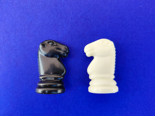 Top view of black and white chess knight or horse facing each other on blue background. © chaundthar