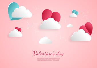 Valentine's day background. Hearts pink and blue papaer cut card on blue background. Decor plane with space for text.