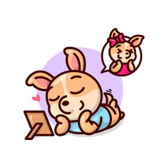 CUTE MALE DOG IMAGINE HER GIRLFRIEND WHILE LOOKING TO HER PHOTO. VALENTINE'S DAY ILLUSTRATION.