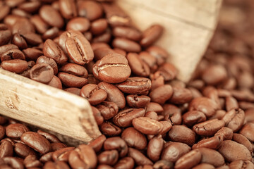Close-up of Roasted coffee beans, selective focus. Coffee industry, coffee making, service, catering concept