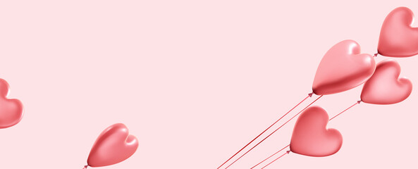 Pink banner with realistic 3d heart balloons.