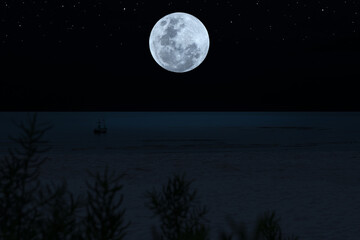 Fototapeta na wymiar Full moon on sky over sea at night.