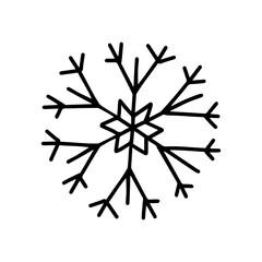 Black Vector outline illustration of a snowflake is on a white background