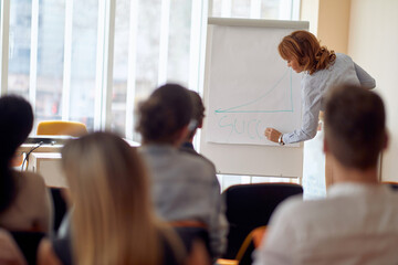 female lecturer drawing diagram for success at business seminar