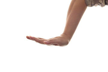 Hand of a person pressing down gesture, side view, isolated cut out on white © airdone