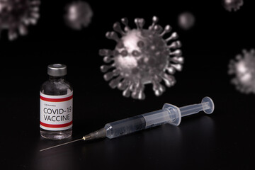 Coronavirus vaccine, syringe and needle on 3D rendering virus bbackground.