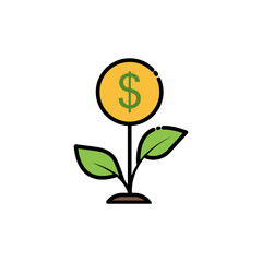 Fototapeta na wymiar Plant lineal color icon with money. Economic growth, flowers, financial growth icons. Internet concept symbol for website button or mobile app. simple design editable. Design template vector