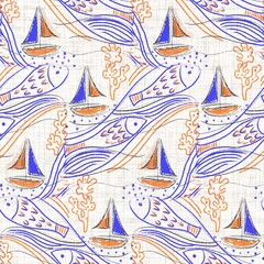 Azure blue white sailboat linen texture. Seamless textile effect background. Weathered doodle motif dye pattern. Coastal cottage beach home decor. Modern sailing marine fashion repeat cotton cloth.
