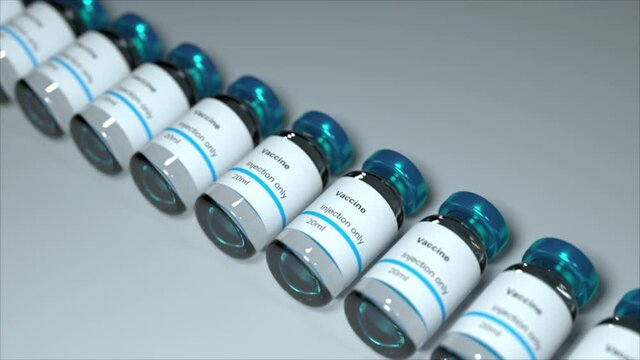 Loop many Blue generic vaccine glass. a lot of vaccinations aligned. ampoules with sticker that says vaccine inyection only 20ml