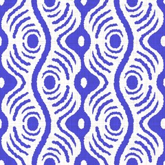 Fototapeta premium Azure blue white stripe linen texture background. Seamless ikat textile effect. Weathered dye pattern. Coastal cottage beach home decor. Modern marine fashion irregular line wavy repeat cotton cloth. 