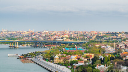 Fototapeta na wymiar Istanbul city view from Pierre Loti Teleferik station overlooking Golden Horn, Eyup District, Istanbul, Turkey