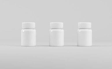 White Plastic Supplement Bottles Mockup 3D Illustration-Medicine Pharmaceutical