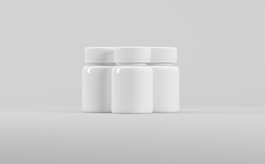 White Plastic Supplement Bottles Mockup 3D Illustration-Medicine Pharmaceutical
