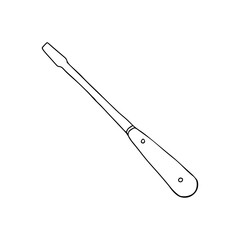 Hand-drawn black vector illustration of metallic retro locksmith tool screwdriver with a wooden handle isolated on a white background