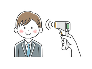赤外線温度計で検温される日本人ビジネスマンのイラスト