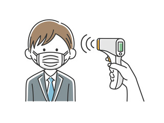 赤外線温度計で検温される日本人ビジネスマンのイラスト