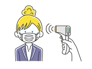 赤外線温度計で検温される白人ビジネスウーマンのイラスト