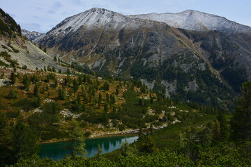 Fototapeta na wymiar Lake in the mountains with snowy peaks