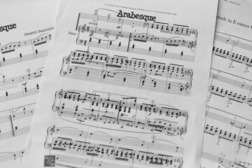 Fototapeta premium Piano sheet music closeup of a classical genre by a composer from the 19th century concept abstract music