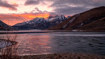 Winter landscape sunset with broken piles of ice in Utah