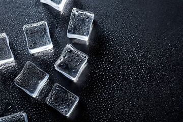 Ice cubes on black color texture. Concept art. Minimal surrealism. Flat lay with copy space. Soft focus.